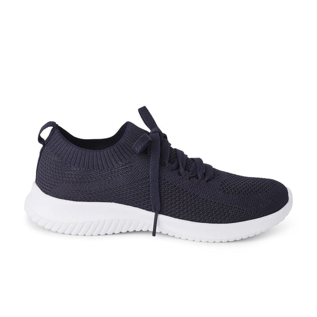 Athletic Works Women's Herc Sneakers featuring a navy knit upper, white EVA outsole, lace-up closure, elasticized topline, and memory foam insole, shown in side profile on a white background, suitable for casual and light athletic use.