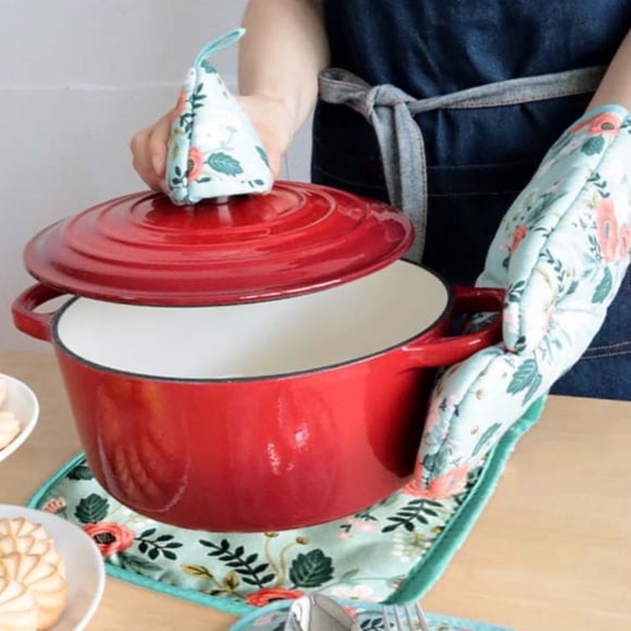 Blekii Ensemble de Support de Four et de Casserole Résistant à la Chaleur à Motif de Fleurs Vert, Comprend des Gants de Support de Casserole en Tissu, un Coussin Isolant et des Gants à Poignée Triangulaire pour Casserole, Gants de Four Verts