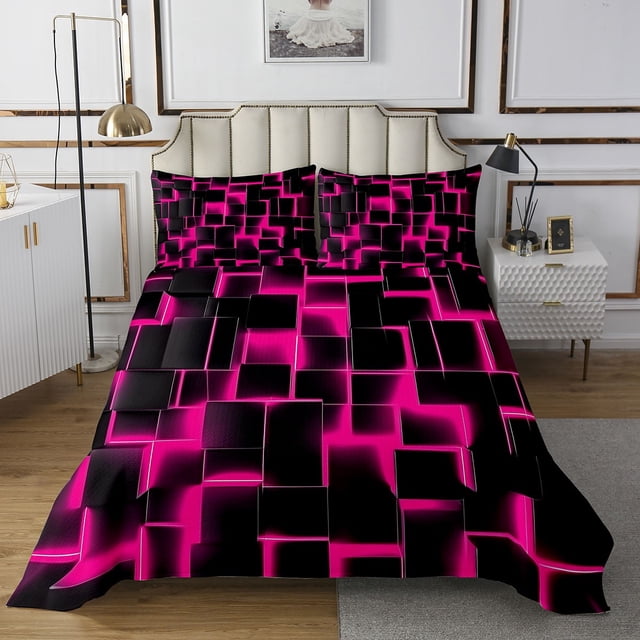 Erosebridal Gradient Checkered Bedspread Sets Twin Size,Buffalo Stereoscopic Bed Quilt,Geometry Decor,Breathable,2pcs