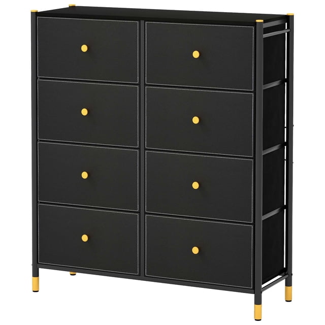 Costway 8-Drawer Fabric Dresser Tower Wide Chest of Drawers Storage Organizer Bedroom. This black dresser features eight fabric drawers with gold round knobs, supported by a sturdy powder-coated metal frame. The dresser includes anti-toppling devices and adjustable foot pads for stability. Its compact design measures 35 inches in length, 12 inches in width, and 38.5 inches in height, making it suitable for bedrooms, entryways, or nurseries. The drawers are foldable for easy storage when not in use.