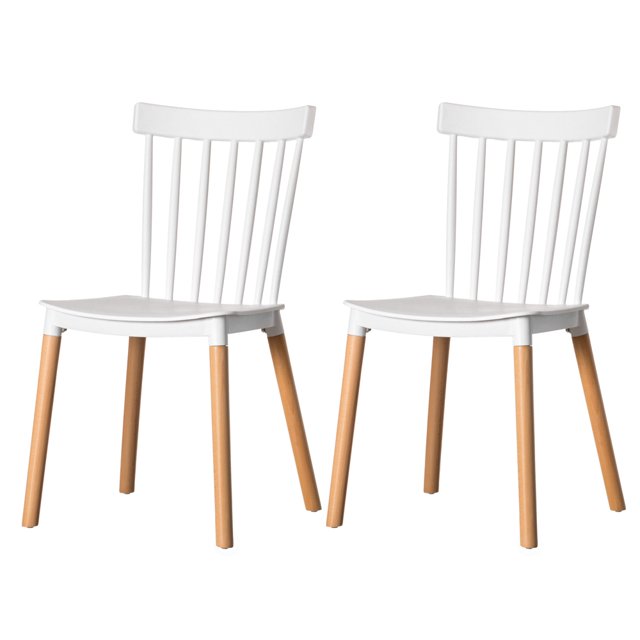 Modern Plastic Dining Chair Windsor Design with Beech Wood Legs, White Set of 2