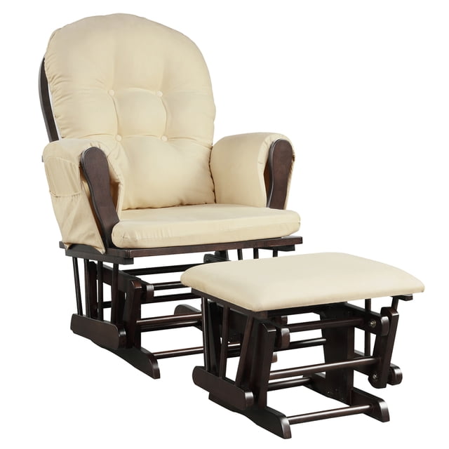 Gymax Baby Nursery Relax Rocker Rocking Chair Glider & Ottoman Set with Cushion in beige. The set features a sturdy rubber wood and bentwood frame with smooth ball bearings for gentle rocking motion. The chair includes padded armrests, a tufted backrest, and a removable microfiber cushion for easy cleaning. The matching ottoman provides additional leg support. A side pocket is attached for convenient storage of essentials. Suitable for nurseries, living rooms, or bedrooms.