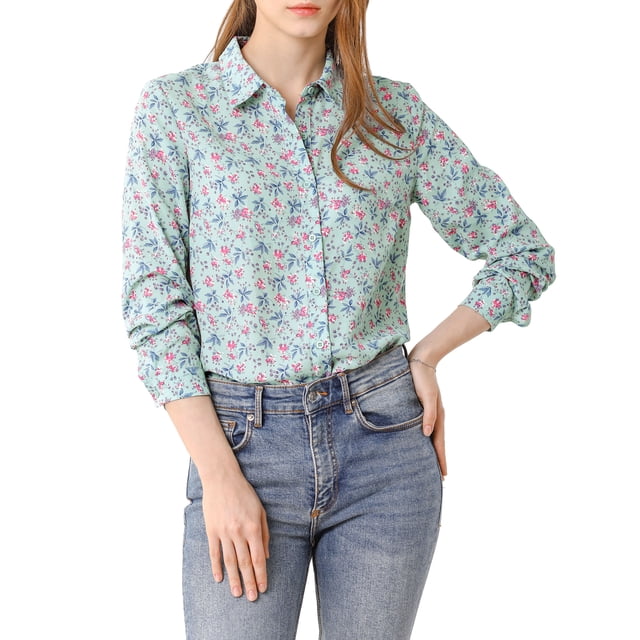 INSPIRE CHIC Chemise Boutonnée pour Femme à Petites Fleurs à Manches Longues Col en Pointe Haut de Bureau TG Bleu