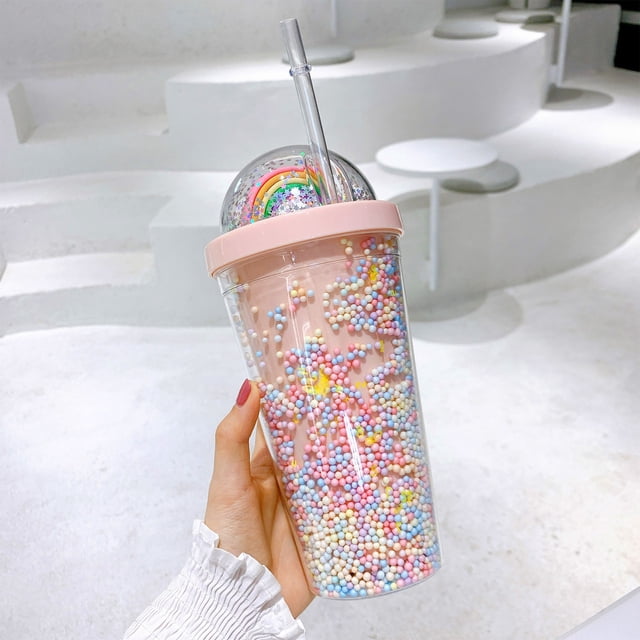 Plastic Straw Cup for Kids - 550ml Insulated Tumbler with Hard Straw, Summer Cold Drinks & Fruit Punch, Leak-Proof Design, Pink Blue Purple Mint Green