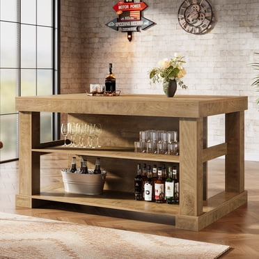 55-Inch Large Home Bar Unit, 3-Tier Pub Table with Storage Shelves, Light Brown