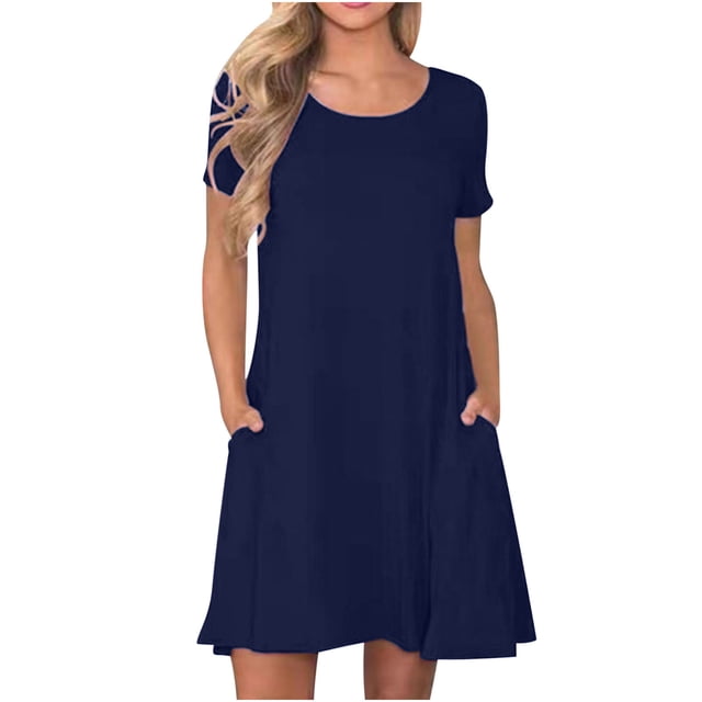 Ovzne Robes d'Été pour Femmes 2025 Robe Mode Femmes Été Décontractée Col Rond Manches Courtes Robe Mini Unie Robe de Vacances Manches Courtes Liquidation
