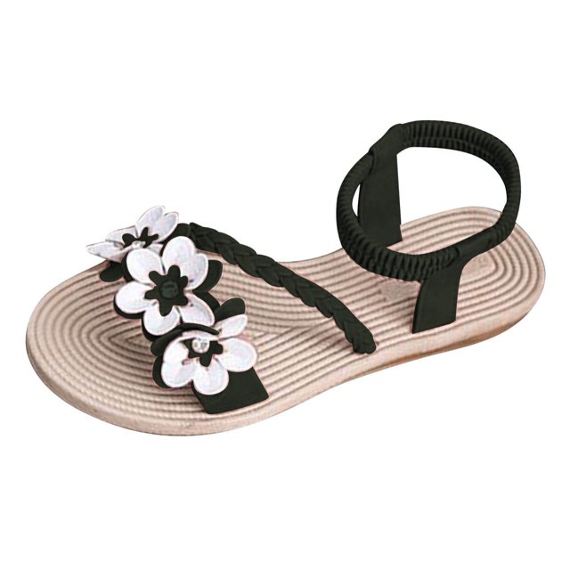 Womens Flat Sandals Weave Strap Open Toe Rhinestone Flower Decoration Ankle Elastic Non Slip Lightweight Breathable Summer Beach Sandals Black