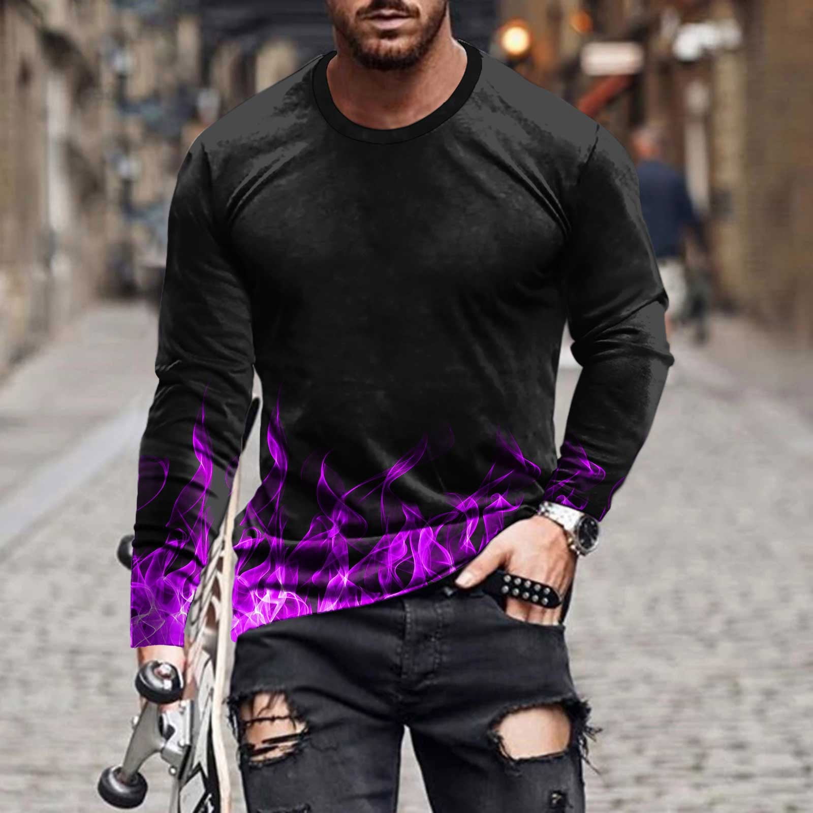 TIMIFIS T-Shirt en Coton à Manches Longues pour Homme, Chemises Imprimées Graphiques, Hauts - Violet Automne