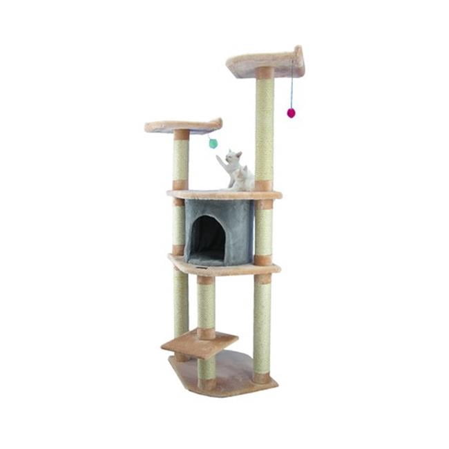 Armarkat 64" Real Wood Cat Tree With Sractch Sisal Post  Soft-side Playhouse    Almond