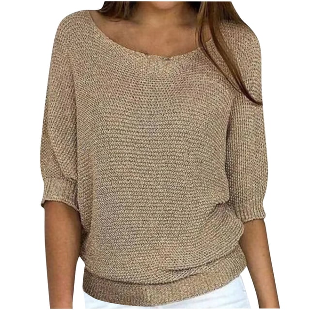 Mrat Chandails à Enfiler pour Femmes Col Rond Chandail Tricoté Foulard avec Manches Hauts de Chandail pour Femmes Manches 3/4 Chandail Confortable Chemise Kaki 5TG