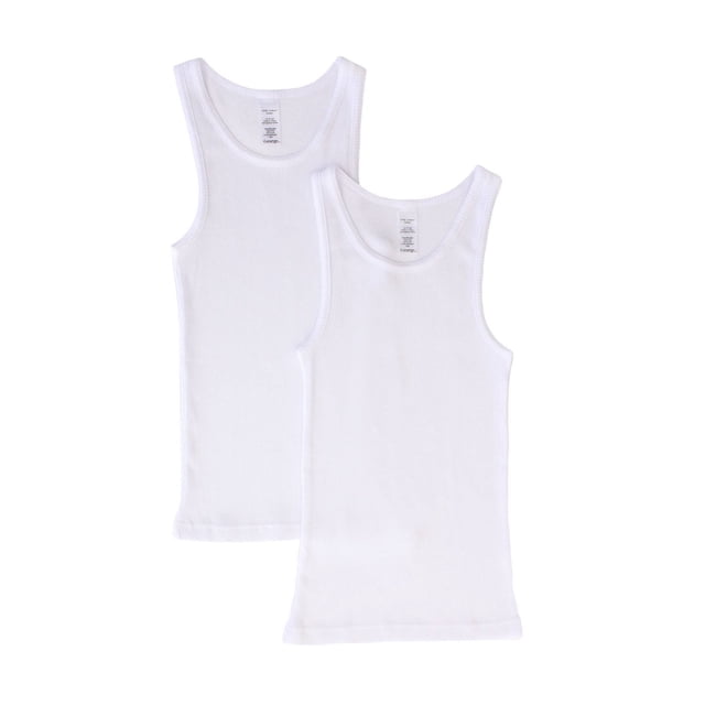 George Boys' Tank 2-Pack with two white 100% cotton sleeveless tanks featuring scoop necklines and thick straps, laid flat on a white background, suitable for layering under shirts or as comfortable sleepwear.