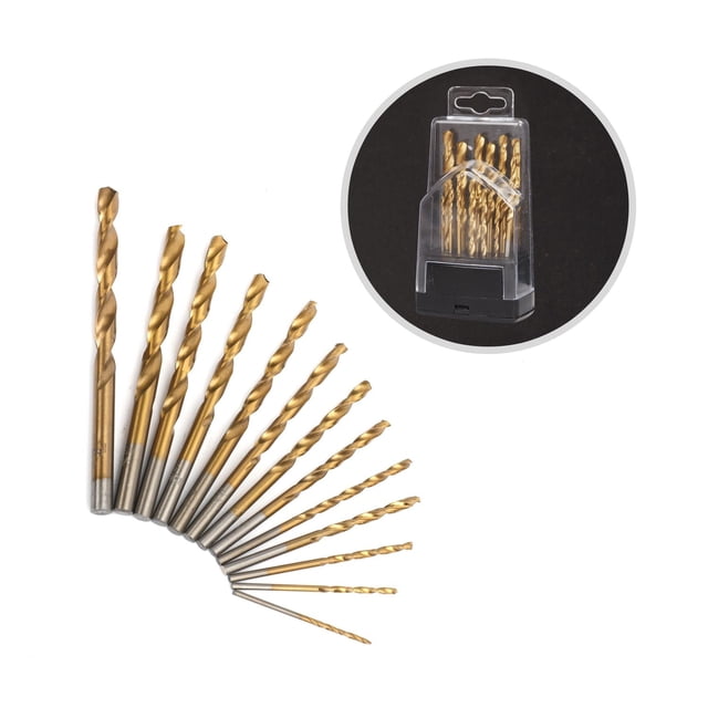 WorkPro Titanium Drill Bit Set - 13 Piece showing titanium-coated drill bits fanned out by size from 1/16 to 1/4 inch with straight shanks for accurate centering, accompanied by a clear plastic storage case with black base, suitable for drilling metal, plastic, and wood.