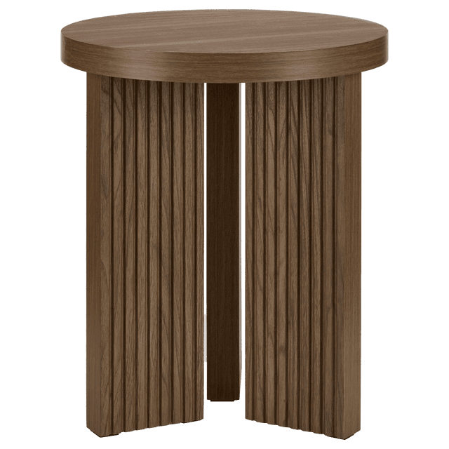 Bouclair Walnut Side Table featuring a round top and three vertical ribbed wooden panels as legs in a warm walnut finish, ideal as a compact living room accent table for small spaces and modern interiors, often used to hold books or decor.