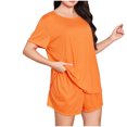 thumbnail image 1 of AherBiu Ensembles de Pyjamas Grande Taille pour Femmes Col Ras du Cou Manches Courtes Hauts T-Shirts avec Shorts à Jambes Larges Ensemble de Pyjama 2 Pcs, 1 of 4