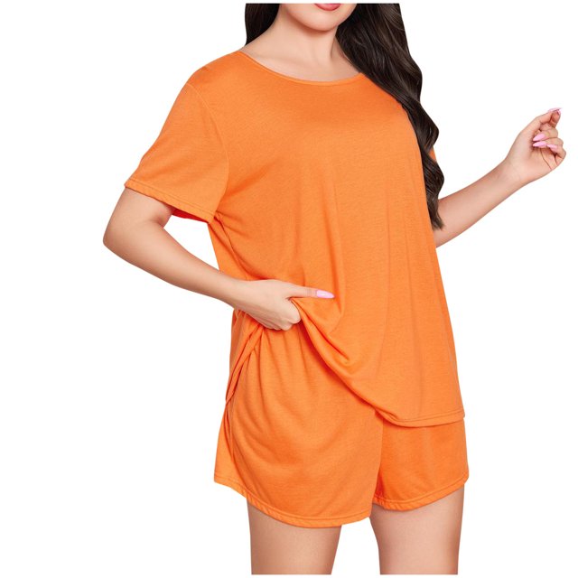 AherBiu Ensembles de Pyjamas Grande Taille pour Femmes Col Ras du Cou Manches Courtes Hauts T-Shirts avec Shorts à Jambes Larges Ensemble de Pyjama 2 Pcs