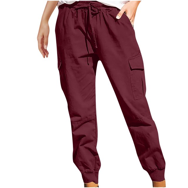 Clearance-Sale Legging with Pocket for Women Solid Color Plus Casual Leggings Drawstring Stretchy Low Waist Ruched Womens Sweaterpants Multiple Pocket Softy Work Pants for Women Weekly-Deals(Wine,3XL)