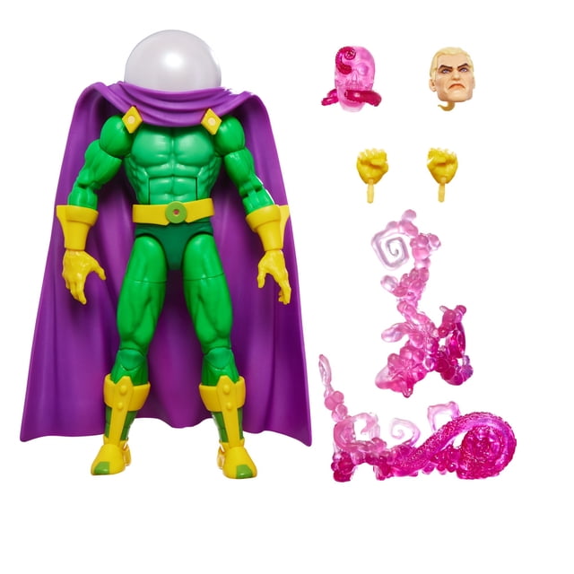 Marvel Legends Series Marvel's Mysterio Action Figure with a green muscular body, yellow gloves, boots, and belt, and a purple cape, featuring a clear dome helmet. Includes six accessories such as an unmasked alternate head, alternate hands, and pink translucent visual effects pieces for dynamic posing in a 6-inch scale collectible figure.