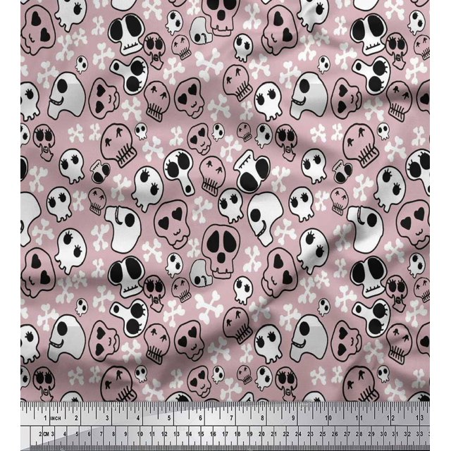Soimoi Polyester Crepe Fabric Crossbone & Skull Halloween Printed Craft Fabric by The Yard 42 Inch Wide