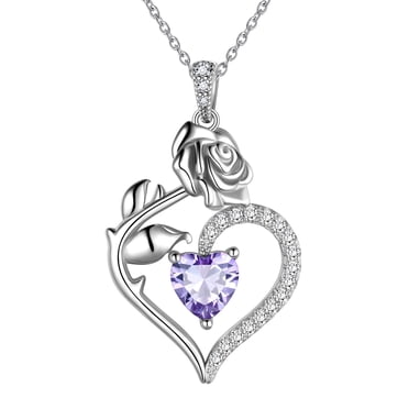 Beautlace 925 Sterling Silver Birthstone Necklace for Women Rose Flower Heart Pendant Necklace Fine Jewelry Anniversary Birthday Christmas Gifts for Women Girls