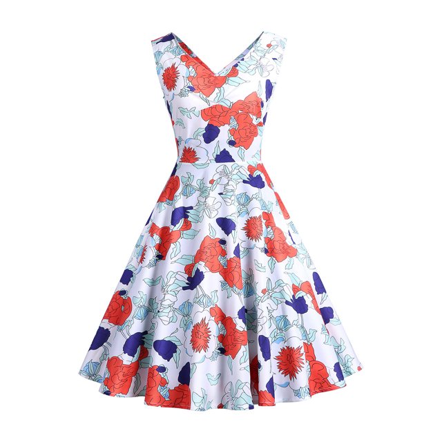 EGNMCR Robes de Soirée pour Femmes, Robes Formelles pour Femmes, Robes de Cocktail pour Femmes Sans Manches à Col en V Mi-Mollet Robe Confortable d'Été pour Femmes Sans Manches à Col en V Vintage Régulière à Imprimé Robe de Fête Robe pour Femme