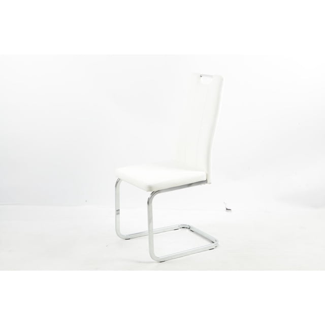 Aerys Chaises de Salle à Manger Marie avec base Chromée en PU Blanc, Ensemble de 4, Mettant en Vedette une Chaise avec Cadre Métallique Chromé Déporté, Siège Rembourré en Similicuir Blanc et Dossier Incurvé avec Poignée Rectangulaire Découpée, Conçues pour les Sièges de Cuisine et de Salle à Manger avec Coussinage en Mousse Ferme et construction durable.