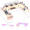 thumbnail image 2 of GloryStar U Shaped Home Office Desk, Reversible L Shaped Gaming Computer Desk with Power Outlets,126 Inch Computer Desk with Monitor Stand and LED Lights,Storage Shelves,Storage Bag and Hooks, 2 of 9