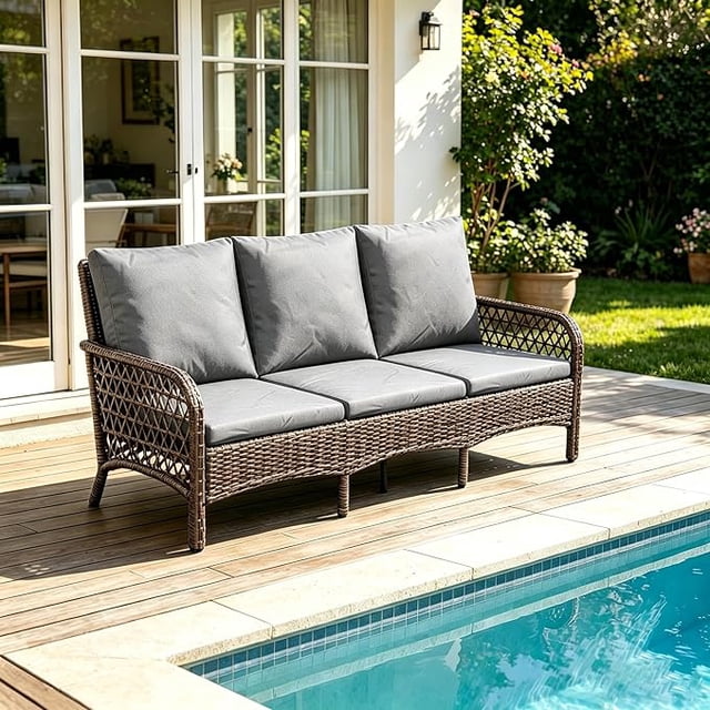AECOJOY Rattan Patio Conversation Set with 3 Seater Sofa, Dark Gray