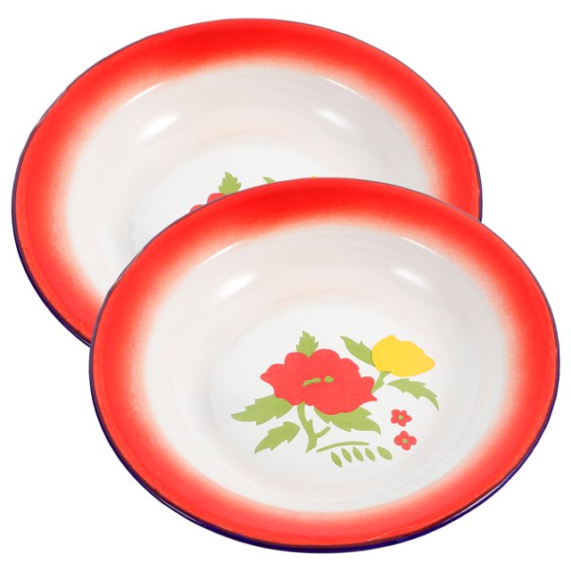 2Pcs Enamel Plates Salad Pasta Bowls Enamelware Dinner Plates Food Snacks Tray