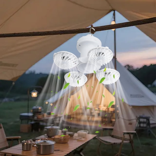 Portable Outdoor Camping Fan with LED Light, Foldable 4-Blade Design, Solar and USB Charging, Large Capacity Battery, Quiet Operation, Built-in Hanging Hook, 15x14x14 cm, Multicolor