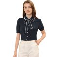 thumbnail image 1 of INSPIRE CHIC Chemisier pour Femme à Col Peter Pan Contrastant, Manches Bouffantes, Boutonné, à Nouer au Cou, Bleu Foncé, S, 1 of 4