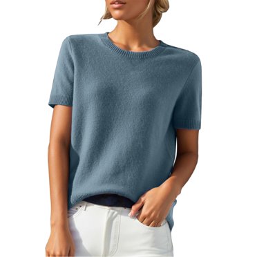 WTXUE T-Shirts Short Sleeve, Crew Neck Shirts for Women's Loose T Shirt with A Knit Bottom Short Top Knit Tops Solid | Casual for Women Sky Blue L