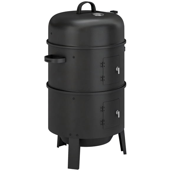 Outsunny Fumoir à Charbon Vertical 3-en-1 avec 2 Grilles de Gril, Thermomètre