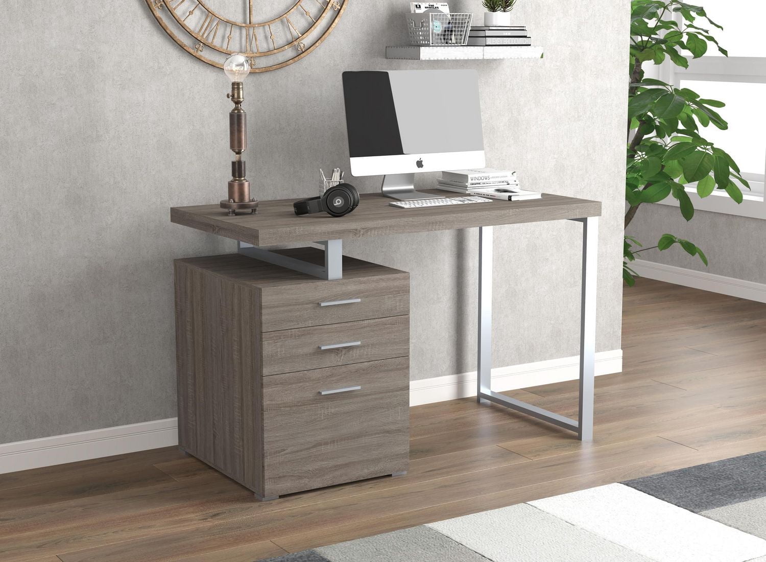 Safdie & Co. Computer Desk 47.25L Dark Taupe 3 Drawers Silver Metal
