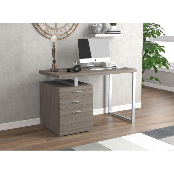 Safdie & Co. Computer Desk 47.25L Dark Taupe 3 Drawers Silver Metal