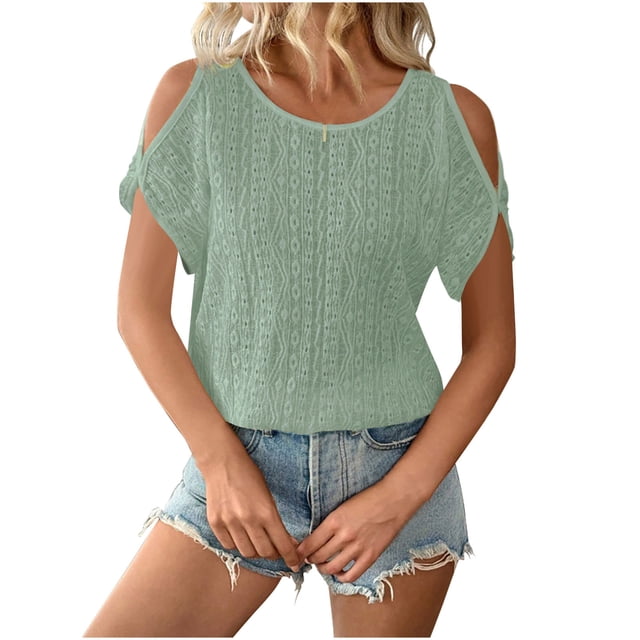 Plebaso T-Shirts à Épaules Dénudées pour Femmes Manches Courtes Col Rond Blouses Tuniques Décontractées Ajourées
