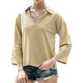 thumbnail image 1 of Women Pocket Long Sleeve Stand Collar V Neck Solid Color Shirt, 1 of 7