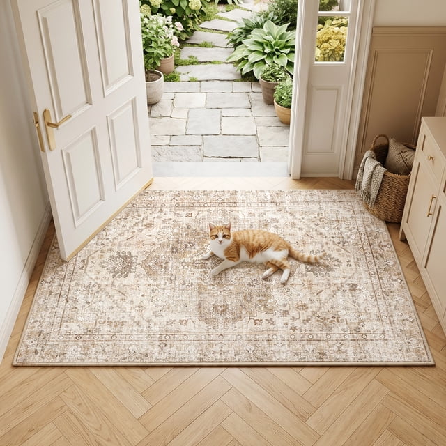 Exenoray Washable Bohemian Area Rug, Non-Slip Printed Rug, Polyester Surface, Coffee Brown, 2' x 3'