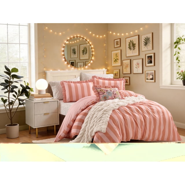 Mainstays DQ Ruffle Stripe Duvet Set, 3-Piece , Pink, Adult