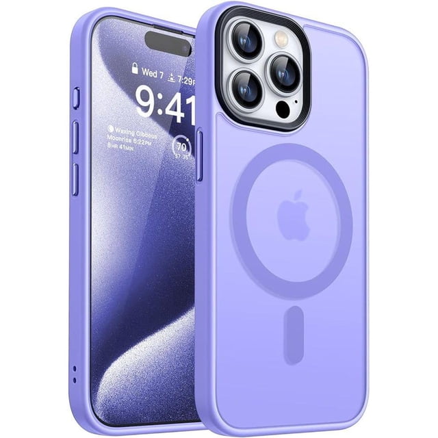 Entronix Heavy Duty Case for iPhone 15 Pro Max and 14 Pro Max in purple, featuring a translucent matte back with a built-in magnetic ring for MagSafe compatibility. The dual-layer design includes a rugged polycarbonate outer shell and a shock-absorbing TPU inner layer for military-grade protection. Raised edges around the camera provide extra defense against scratches. The slim, pocket-friendly case offers precise cutouts for easy access to all ports and buttons.