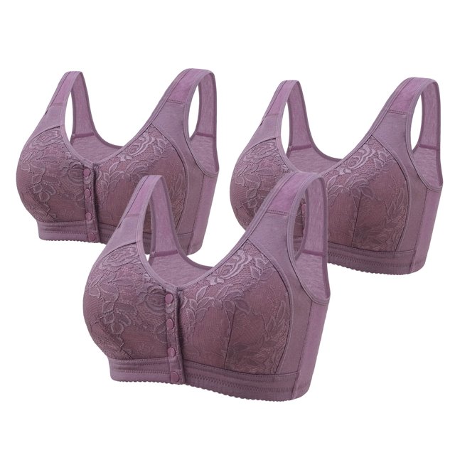 Sentmoon 3PC Wireless Bras for Women Plus Size No Underwire Push up Bras for Women Comfort Front Closure with Snaps Floral Lace Embroidery Seamless Sleep Bralettes for Daily Commute Purple 50/115