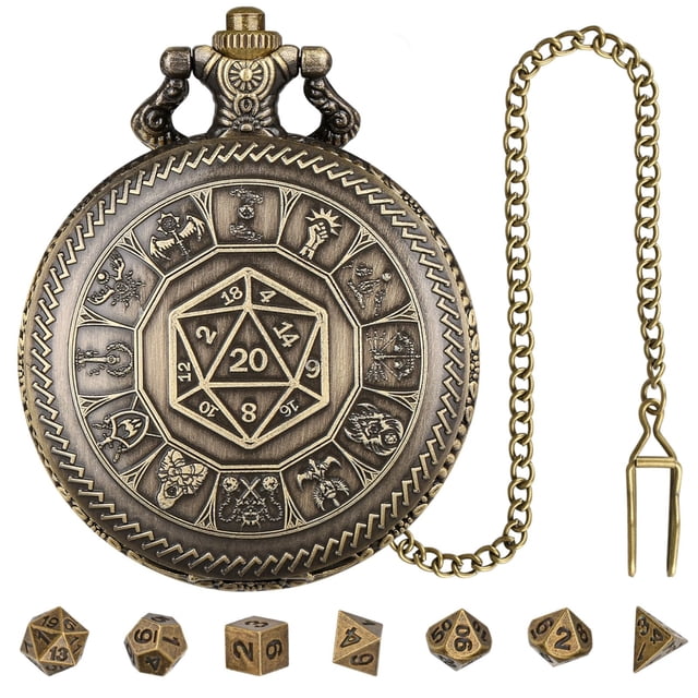 Jindong DND Dice Set Polyhedral Metal 7pcs Dices for Dungeon and in Pocket Case. This set includes seven polyhedral metal dice with a vintage finish, designed for RPG gaming. The pocket watch-style case features a flip-open design with intricate engravings and a sturdy waist chain, combining functionality and style. Perfect for tabletop gaming enthusiasts and collectors.