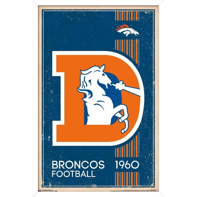 NFL Denver Broncos - Retro Logo 14 Wall Poster, 22.375" x 34" featuring a vintage orange letter D with a white rearing horse exhaling steam inside, set on a distressed dark blue background with vertical orange stripes and a smaller Broncos horse head logo at the top right. White text at the bottom left reads 'BRONCOS FOOTBALL 1960'. Printed on glossy paper with a light wood frame, ideal for sports fan room decor or party decoration.