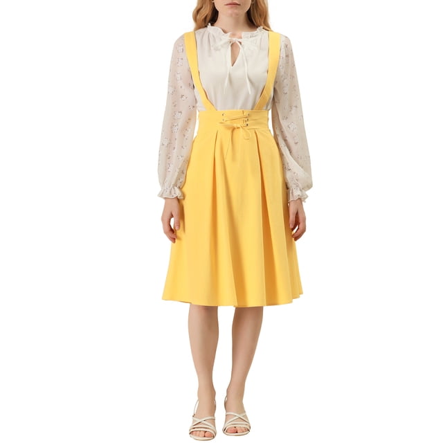 Unique Bargains Jupe Midi Plissée à Bretelles Rétro pour Femme à Taille Élastique avec Bretelles