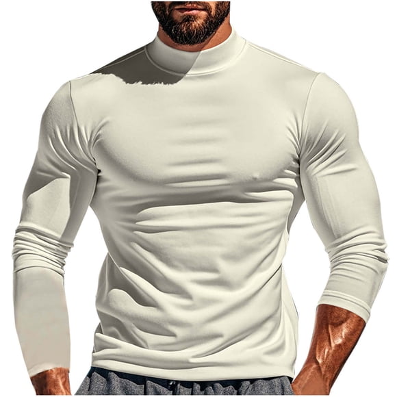 Jalioing Men's Long Sleeve Mock Neck Shirts Fall Casual Basic Slim Tops Vintage Fashion Solid Color T Shirt