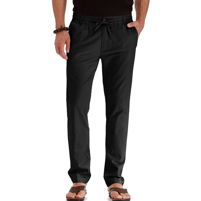 MAWCLOS Mens Trousers Elastic Waist Pants Drawstring Bottoms Fitted Summer Solid Color Loungewear Black 2XL