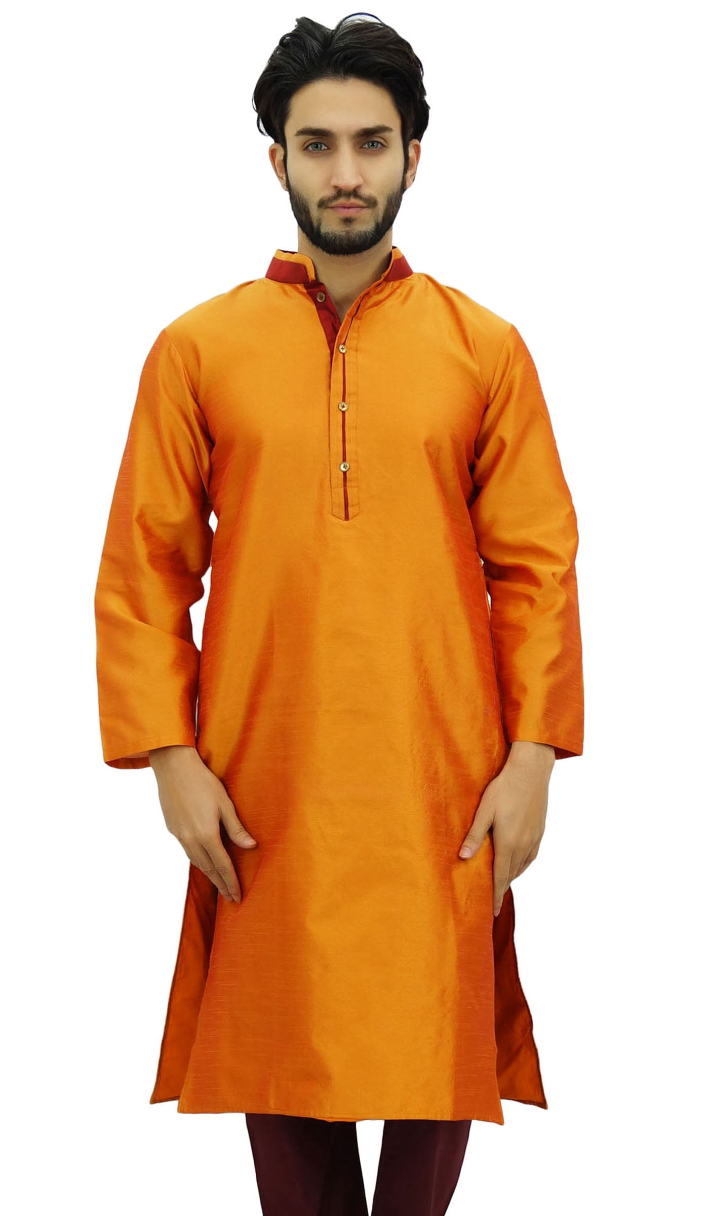 Atasi Classic Orange Men's Dupion Kurta Pyjama Party Wear Designer Shirt-S