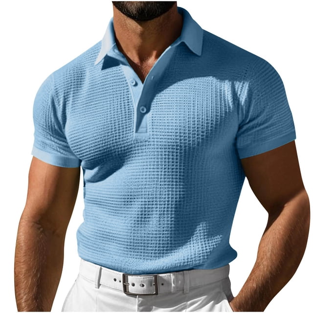 cfhntfmh V Neck Shirts for Men Slim Short Sleeve Muscle Golf T-Shirts Summer Knitted Collared Soft Buttons down Tees