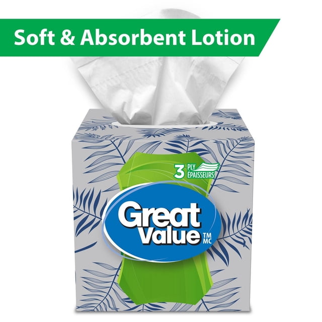 Great Value Facial Tissues with Lotion, 65 tissues per box, cube-shaped box with blue leaf design on light gray background, featuring 3-ply thickness and soothing lotion for softness and absorbency, ideal for gentle household use.