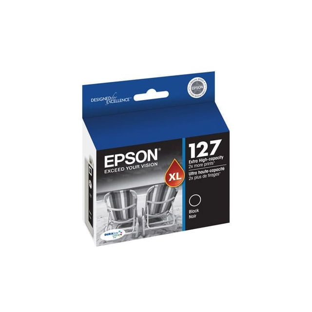Epson 127 (T127120) Black Ink Cartridge, Extra High-Capacity in a blue and black box with two beach chairs on the front, featuring DURABrite Ultra inks that resist smudging, water, and fading, ideal for double-sided printing without bleed and quick-drying photos, suitable for text and glossy paper printing.