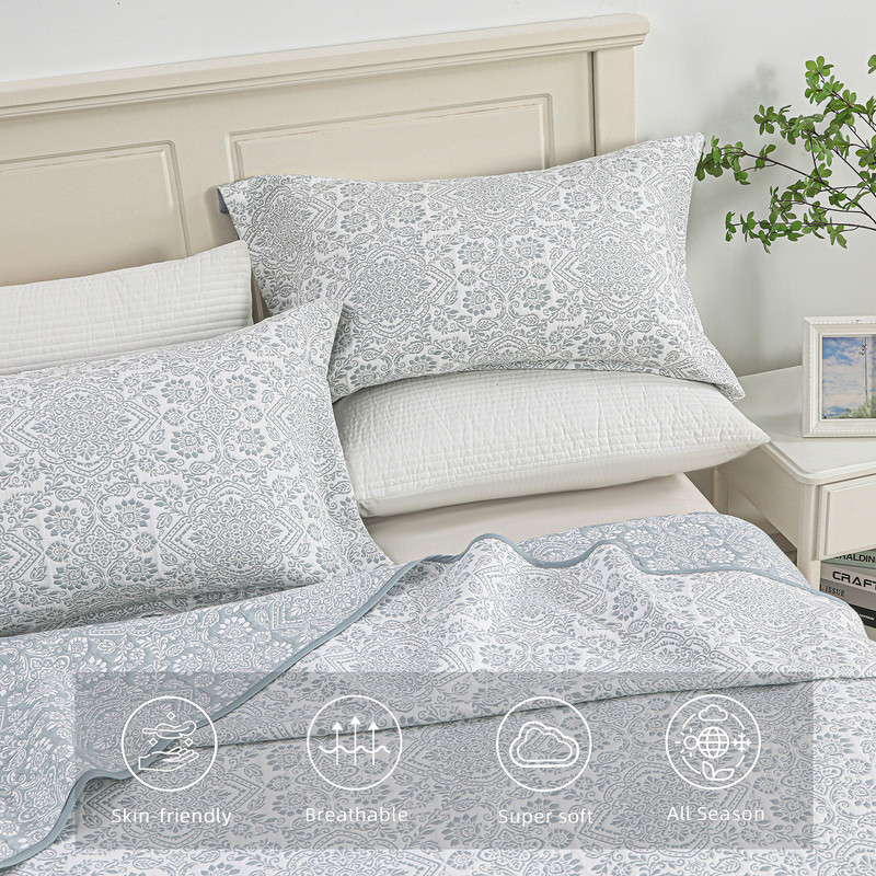 Marina Decoration Jacquard Embroidered Stitching Coverlet Bedspread Ultra Soft Bedding Solid 2 Piece Summer Quilt Set with 1 Quilted Sham, Blue Floral Twin/Single